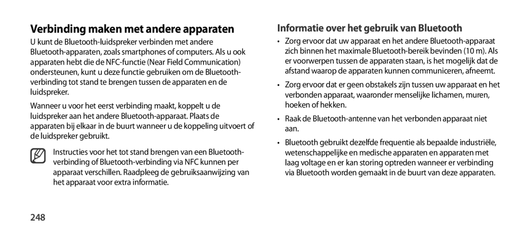 Samsung EO-SG900DREGWW manual Verbinding maken met andere apparaten, Informatie over het gebruik van Bluetooth, 248 