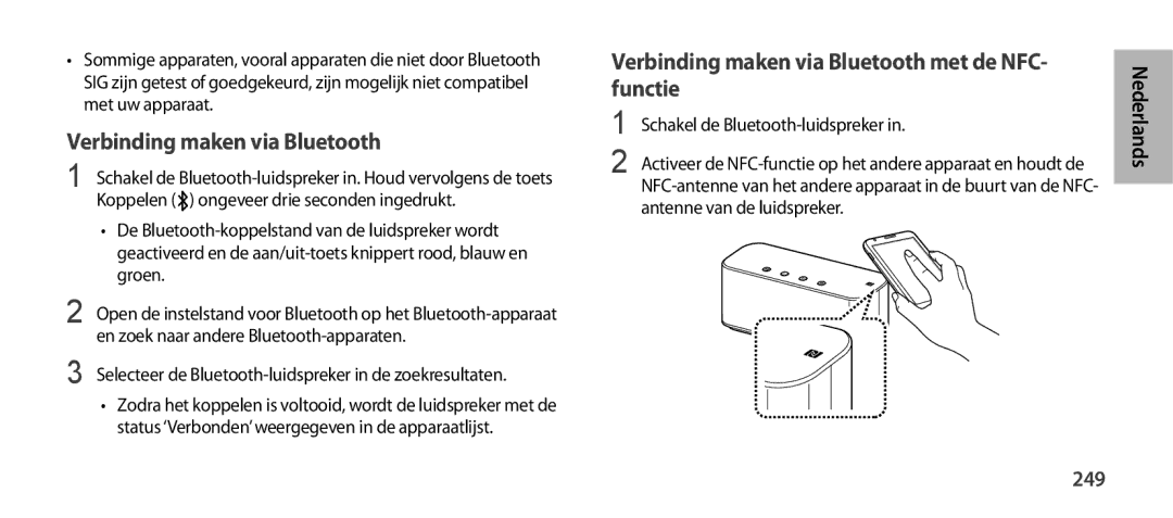 Samsung EO-SG900DBEGWW manual Verbinding maken via Bluetooth met de NFC- functie, 249, Schakel de Bluetooth-luidspreker 