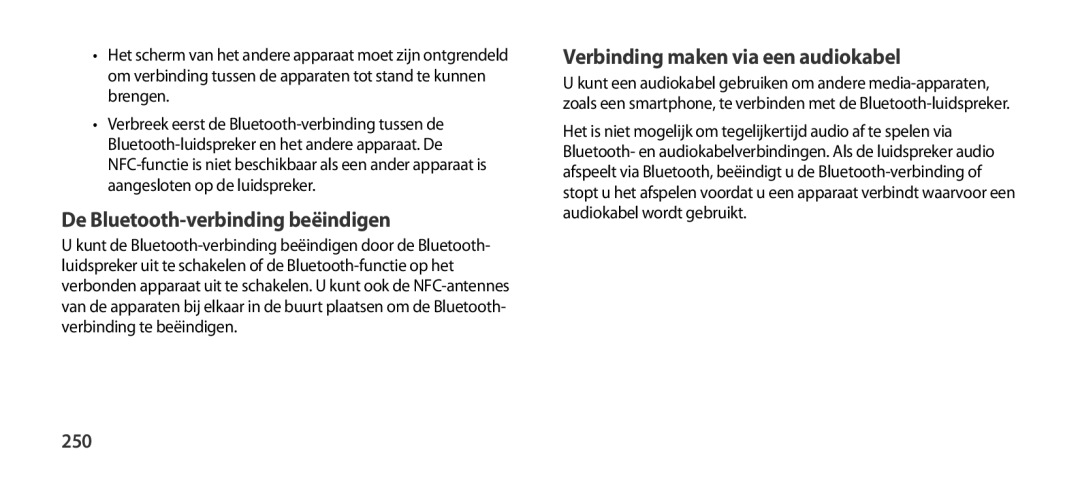 Samsung EO-SG900DLEGWW, EO-SG900DSEGWW manual De Bluetooth-verbinding beëindigen, Verbinding maken via een audiokabel, 250 