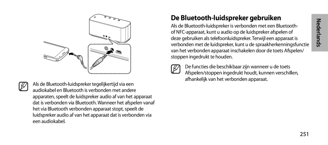 Samsung EO-SG900DSEGWW, EO-SG900DREGWW, EO-SG900DBEGWW, EO-SG900DLEGWW manual De Bluetooth-luidspreker gebruiken, 251 