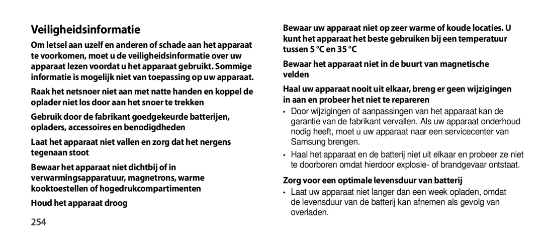 Samsung EO-SG900DBEDWW, EO-SG900DSEGWW manual Veiligheidsinformatie, 254, Zorg voor een optimale levensduur van batterij 