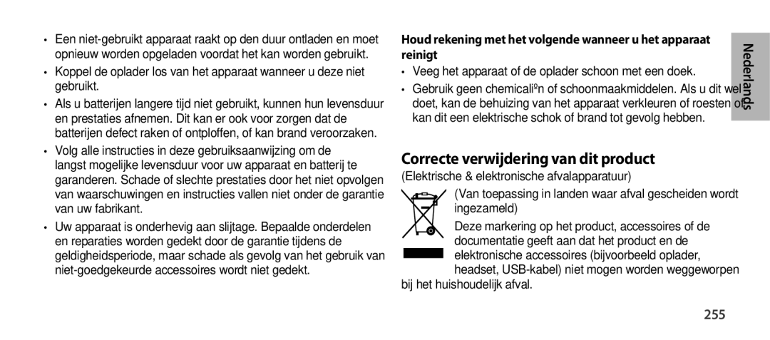 Samsung EO-SG900DLEDWW, EO-SG900DSEGWW manual Correcte verwijdering van dit product, 255, Bij het huishoudelijk afval 