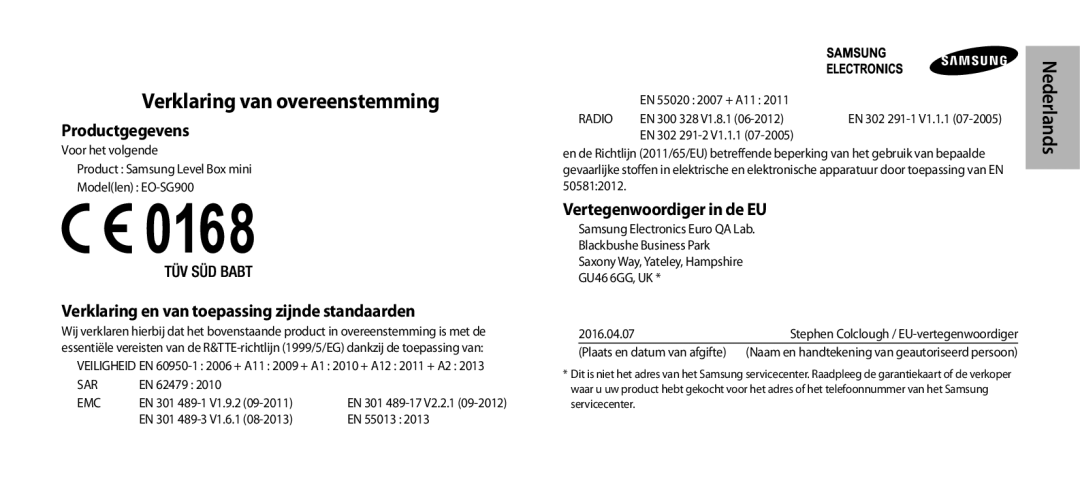 Samsung EO-SG900DBEGRU Verklaring van overeenstemming, Productgegevens, Verklaring en van toepassing zijnde standaarden 