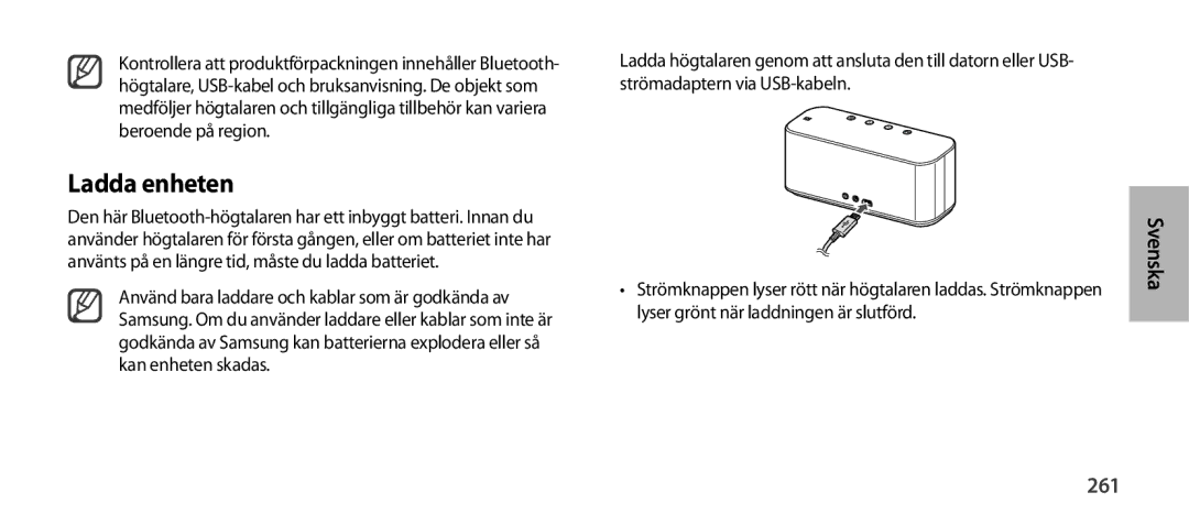 Samsung EO-SG900DREGWW, EO-SG900DSEGWW, EO-SG900DBEGWW, EO-SG900DLEGWW, EO-SG900DSEDWW manual Ladda enheten, Svenska, 261 