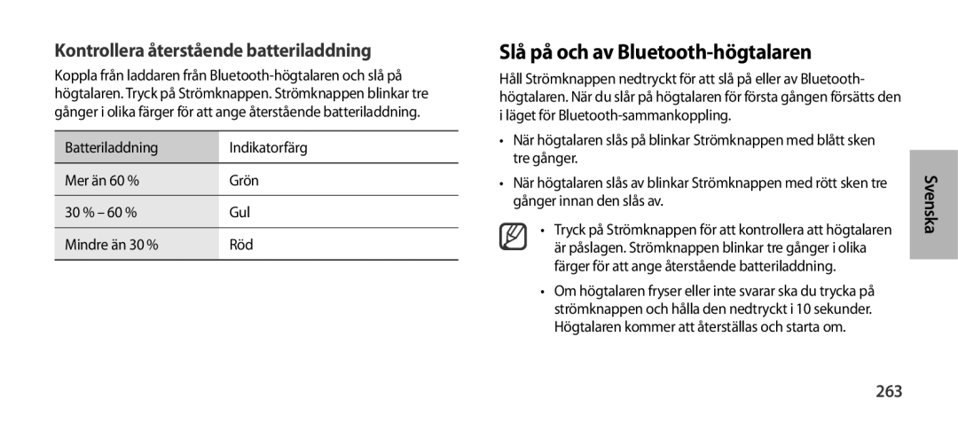 Samsung EO-SG900DLEGWW, EO-SG900DSEGWW Slå på och av Bluetooth-högtalaren, Kontrollera återstående batteriladdning, 263 