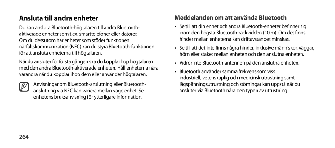 Samsung EO-SG900DSEGWW, EO-SG900DREGWW manual Ansluta till andra enheter, Meddelanden om att använda Bluetooth, 264 