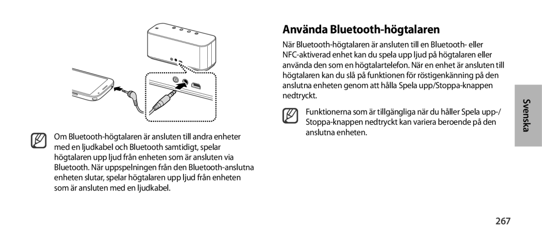 Samsung EO-SG900DBEDWW, EO-SG900DSEGWW, EO-SG900DREGWW, EO-SG900DBEGWW, EO-SG900DLEGWW manual Använda Bluetooth-högtalaren, 267 