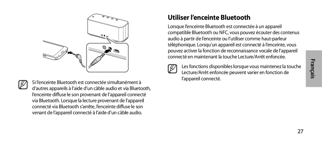 Samsung EO-SG900DREGWW, EO-SG900DSEGWW, EO-SG900DBEGWW, EO-SG900DLEGWW, EO-SG900DSEDWW manual Utiliser l’enceinte Bluetooth 