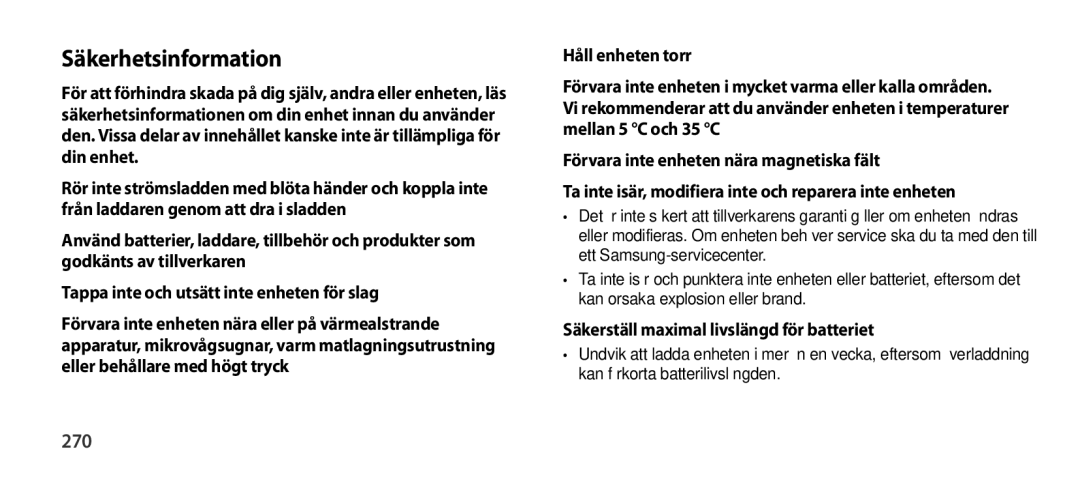 Samsung EO-SG900DREGRU, EO-SG900DSEGWW manual Säkerhetsinformation, 270, Säkerställ maximal livslängd för batteriet 