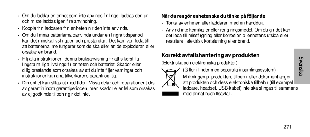 Samsung EO-SG900DSEGRU manual Korrekt avfallshantering av produkten, 271, När du rengör enheten ska du tänka på följande 