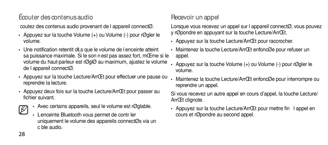 Samsung EO-SG900DBEGWW, EO-SG900DSEGWW, EO-SG900DREGWW, EO-SG900DLEGWW manual Écouter des contenus audio, Recevoir un appel 