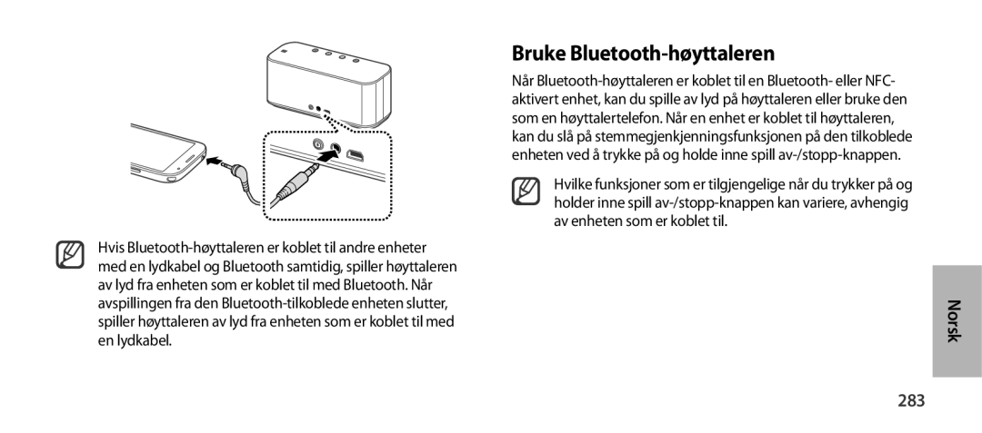 Samsung EO-SG900DREGRU, EO-SG900DSEGWW, EO-SG900DREGWW, EO-SG900DBEGWW, EO-SG900DLEGWW manual Bruke Bluetooth-høyttaleren, 283 