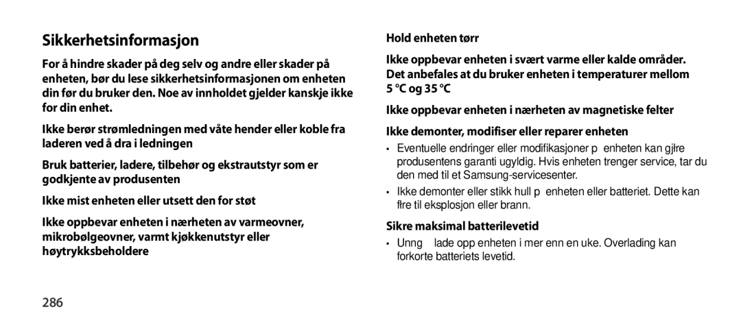 Samsung EO-SG900DSEGWW, EO-SG900DREGWW, EO-SG900DBEGWW manual Sikkerhetsinformasjon, 286, Sikre maksimal batterilevetid 