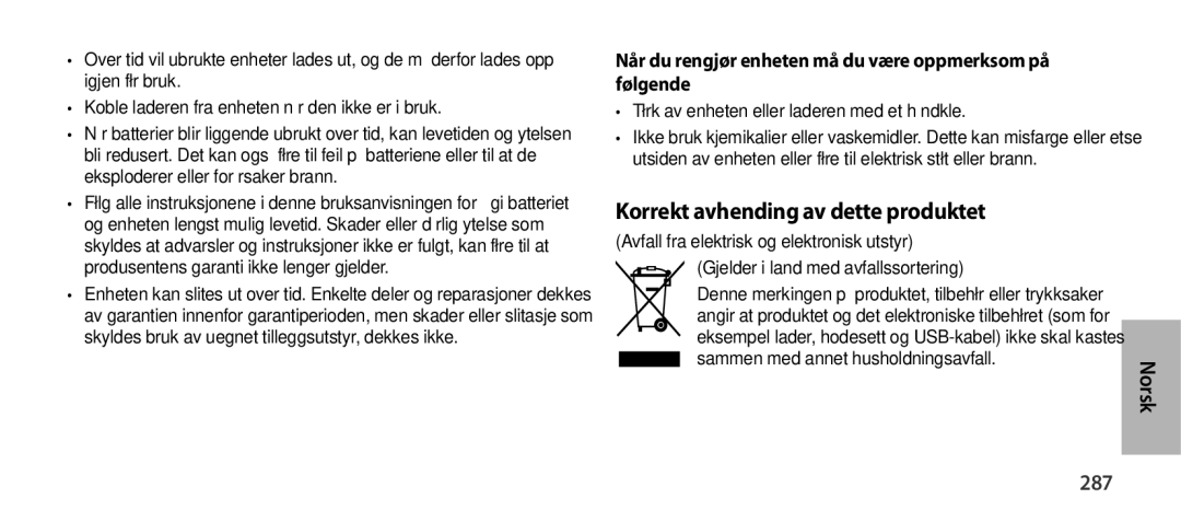 Samsung EO-SG900DREGWW Korrekt avhending av dette produktet, 287, Når du rengjør enheten må du være oppmerksom på følgende 