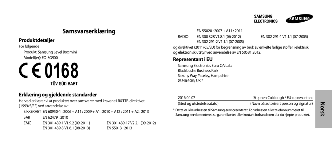 Samsung EO-SG900DSEDWW, EO-SG900DSEGWW manual Samsvarserklæring, Produktdetaljer, Erklæring og gjeldende standarder 