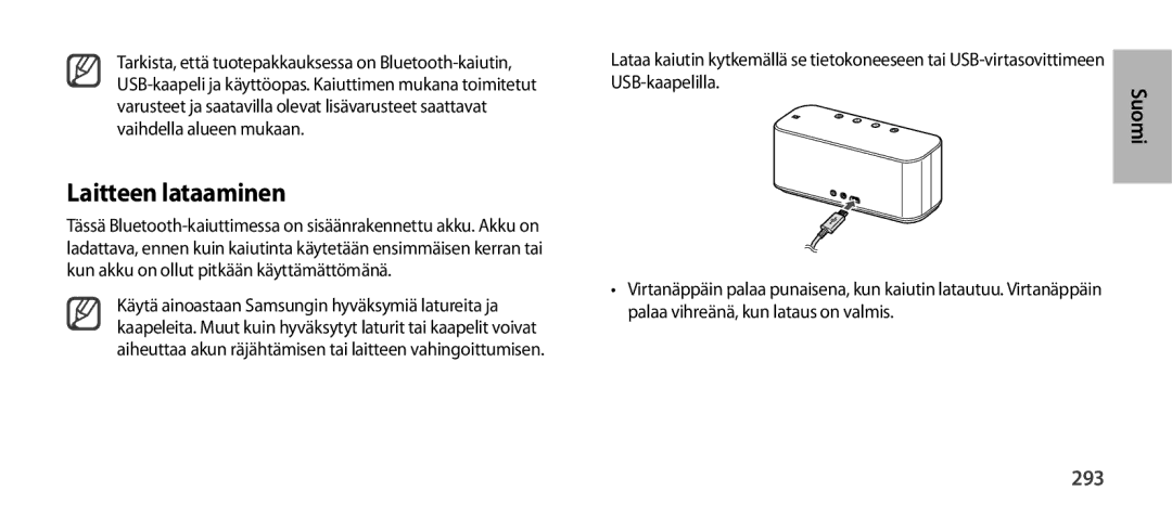 Samsung EO-SG900DBEDWW, EO-SG900DSEGWW, EO-SG900DREGWW, EO-SG900DBEGWW, EO-SG900DLEGWW manual Laitteen lataaminen, Suomi, 293 