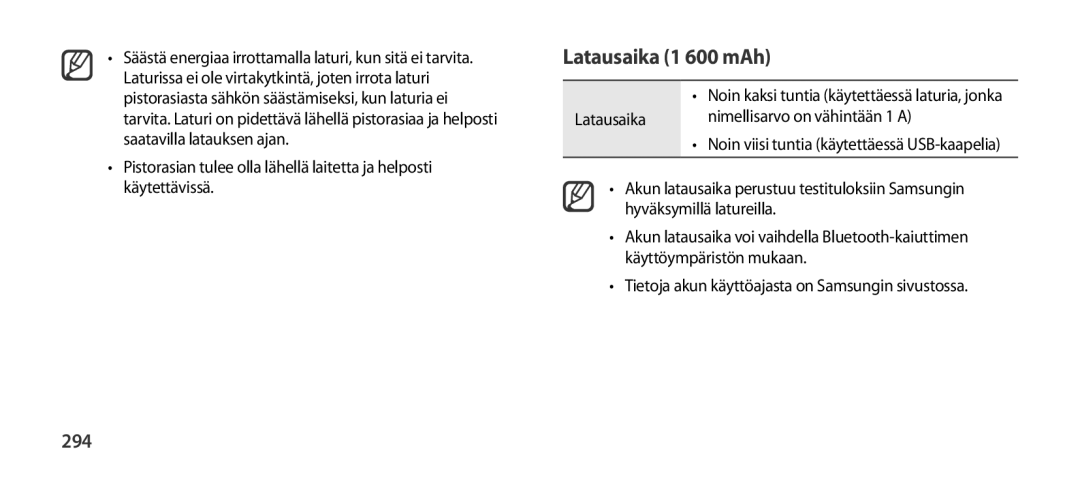 Samsung EO-SG900DLEDWW, EO-SG900DSEGWW, EO-SG900DREGWW Latausaika 1 600 mAh, 294, Latausaika Nimellisarvo on vähintään 1 a 