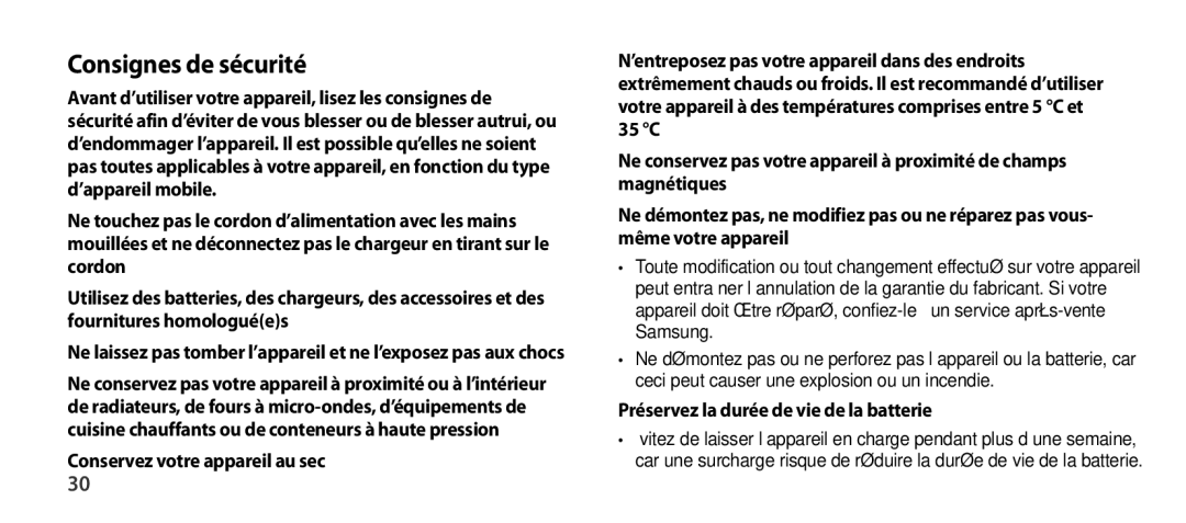 Samsung EO-SG900DSEGWW, EO-SG900DREGWW, EO-SG900DBEGWW Consignes de sécurité, Préservez la durée de vie de la batterie 