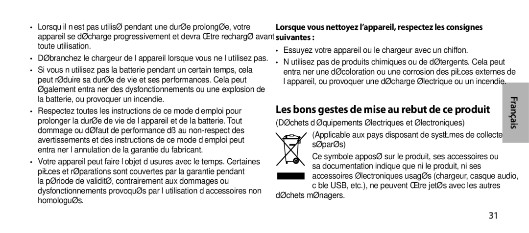 Samsung EO-SG900DSEDWW, EO-SG900DSEGWW, EO-SG900DREGWW, EO-SG900DBEGWW manual Les bons gestes de mise au rebut de ce produit 