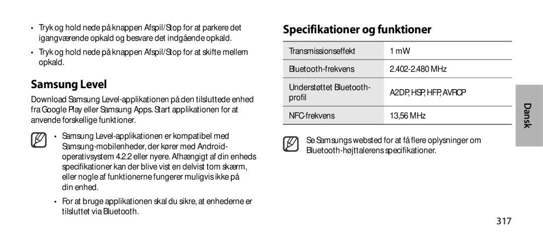 Samsung EO-SG900DSEDWW, EO-SG900DSEGWW, EO-SG900DREGWW manual Specifikationer og funktioner, 317, NFC-frekvens 13,56 MHz 