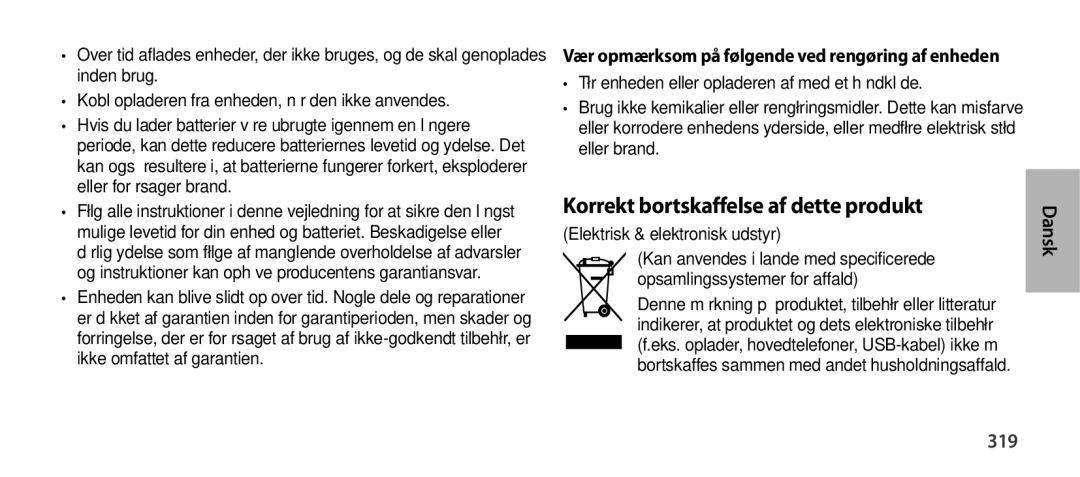 Samsung EO-SG900DBEDWW, EO-SG900DSEGWW manual Korrekt bortskaffelse af dette produkt, 319, Elektrisk & elektronisk udstyr 