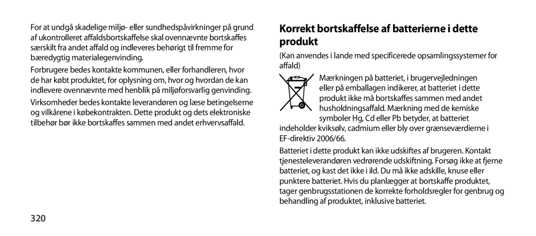 Samsung EO-SG900DLEDWW, EO-SG900DSEGWW, EO-SG900DREGWW manual Korrekt bortskaffelse af batterierne i dette produkt, 320 