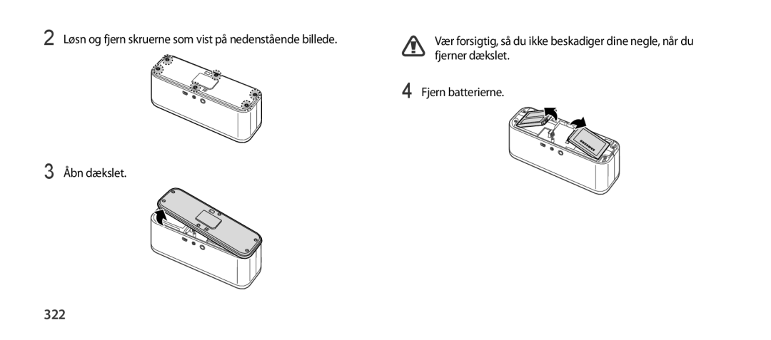 Samsung EO-SG900DREGRU, EO-SG900DSEGWW manual 322, Løsn og fjern skruerne som vist på nedenstående billede, Fjerner dækslet 