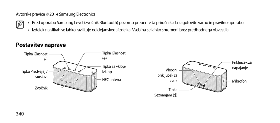 Samsung EO-SG900DBEGWW, EO-SG900DSEGWW, EO-SG900DREGWW Postavitev naprave, 340, Avtorske pravice 2014 Samsung Electronics 