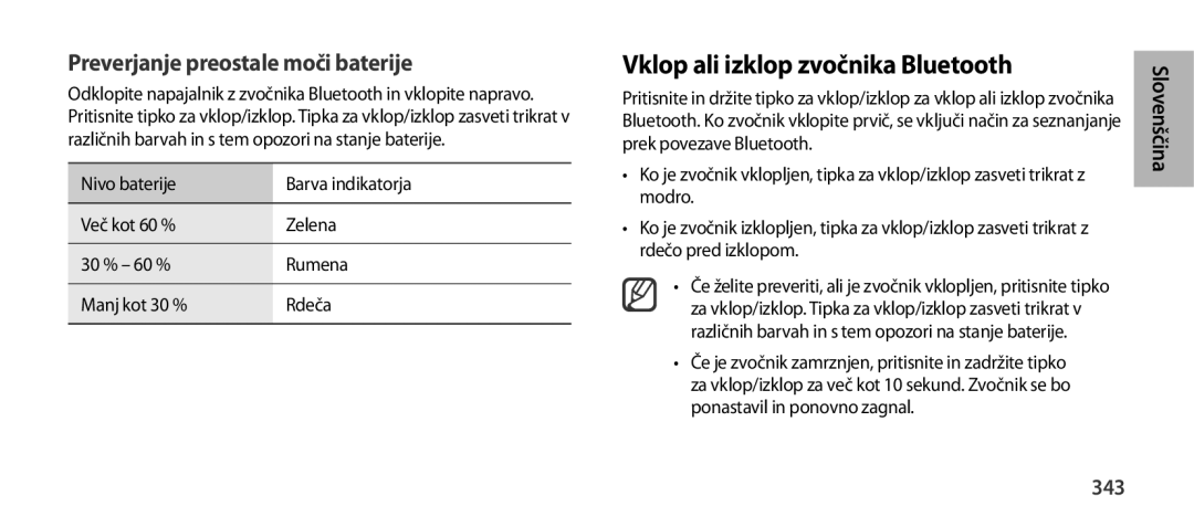 Samsung EO-SG900DSEDWW, EO-SG900DSEGWW manual Vklop ali izklop zvočnika Bluetooth, Preverjanje preostale moči baterije, 343 