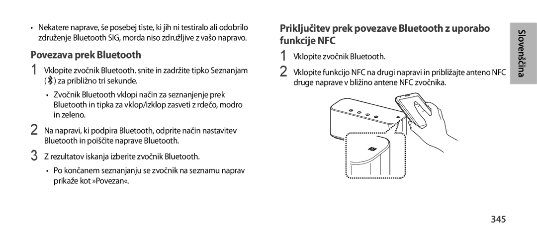 Samsung EO-SG900DBEDWW manual Povezava prek Bluetooth, Priključitev prek povezave Bluetooth z uporabo funkcije NFC, 345 