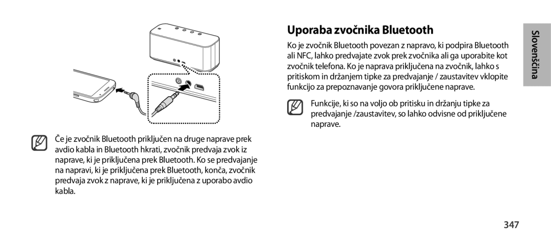 Samsung EO-SG900DLEGRU, EO-SG900DSEGWW, EO-SG900DREGWW, EO-SG900DBEGWW, EO-SG900DLEGWW manual Uporaba zvočnika Bluetooth, 347 