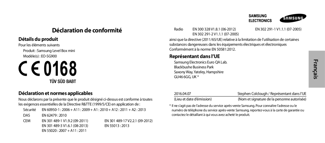 Samsung EO-SG900DLEGRU, EO-SG900DSEGWW Déclaration de conformité, Détails du produit, Déclaration et normes applicables 