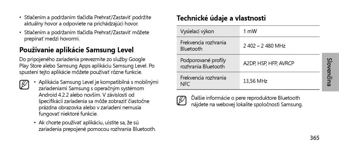 Samsung EO-SG900DREGWW, EO-SG900DSEGWW, EO-SG900DBEGWW, EO-SG900DLEGWW manual Používanie aplikácie Samsung Level, 365 