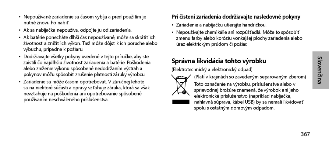 Samsung EO-SG900DLEGWW, EO-SG900DSEGWW, EO-SG900DREGWW manual 367, Pri čistení zariadenia dodržiavajte nasledovné pokyny 