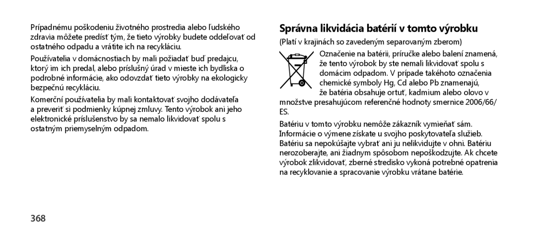 Samsung EO-SG900DSEGWW, EO-SG900DREGWW, EO-SG900DBEGWW, EO-SG900DLEGWW Správna likvidácia batérií v tomto výrobku, 368 