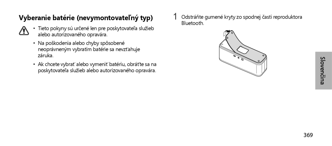 Samsung EO-SG900DSEDWW, EO-SG900DSEGWW, EO-SG900DREGWW, EO-SG900DBEGWW manual Vyberanie batérie nevymontovateľný typ, 369 