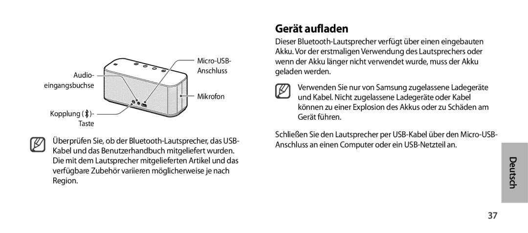 Samsung EO-SG900DSEGRU, EO-SG900DSEGWW manual Gerät aufladen, Deutsch, Verwenden Sie nur von Samsung zugelassene Ladegeräte 