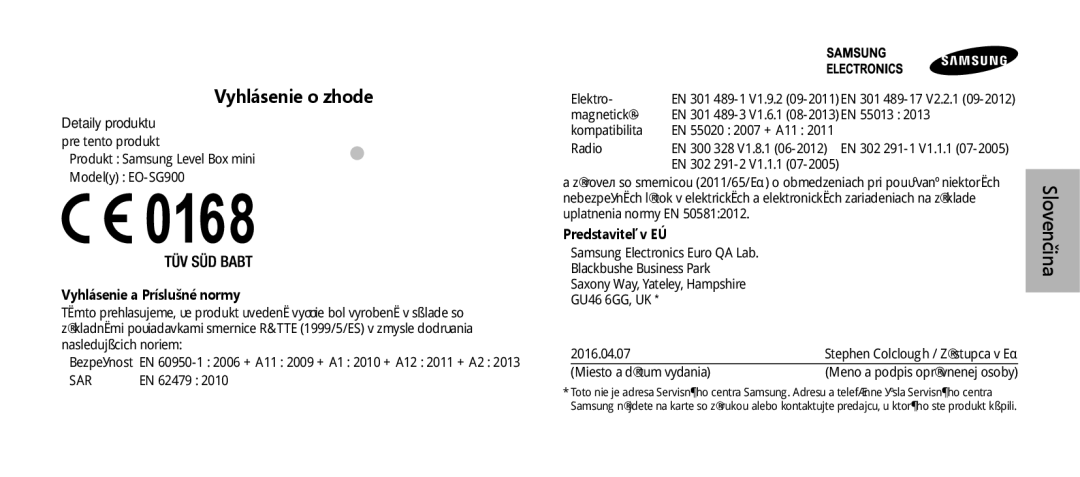 Samsung EO-SG900DBEDWW, EO-SG900DSEGWW, EO-SG900DREGWW, EO-SG900DBEGWW, EO-SG900DLEGWW, EO-SG900DSEDWW manual Vyhlásenie o zhode 