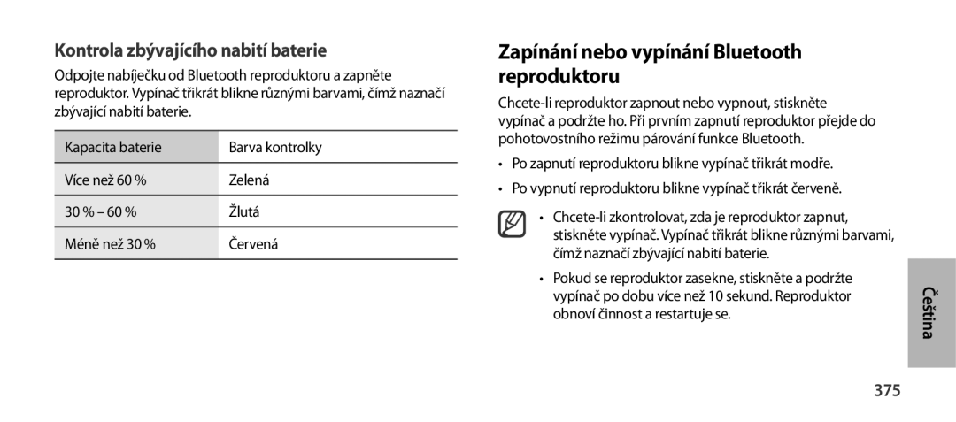 Samsung EO-SG900DSEGRU manual Zapínání nebo vypínání Bluetooth reproduktoru, Kontrola zbývajícího nabití baterie, 375 