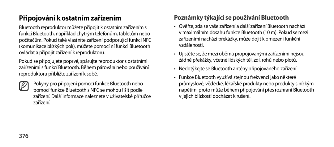 Samsung EO-SG900DBEGRU, EO-SG900DSEGWW Připojování k ostatním zařízením, Poznámky týkající se používání Bluetooth, 376 