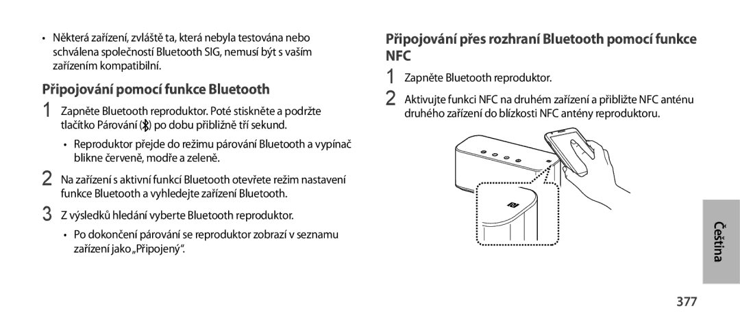 Samsung EO-SG900DSEGWW manual Připojování pomocí funkce Bluetooth, Připojování přes rozhraní Bluetooth pomocí funkce, 377 