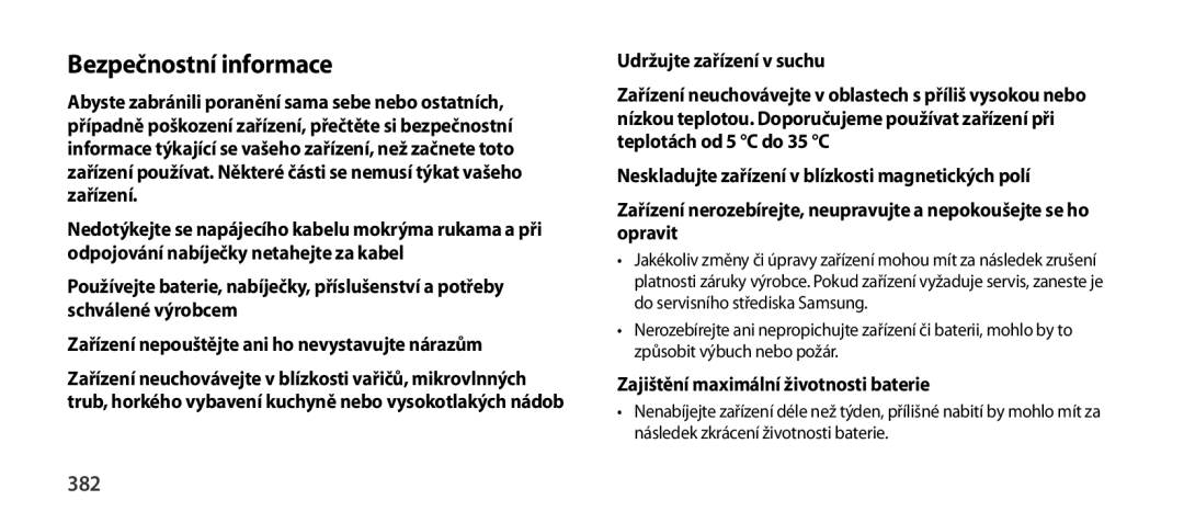 Samsung EO-SG900DSEDWW Bezpečnostní informace, 382, Udržujte zařízení v suchu, Zajištění maximální životnosti baterie 