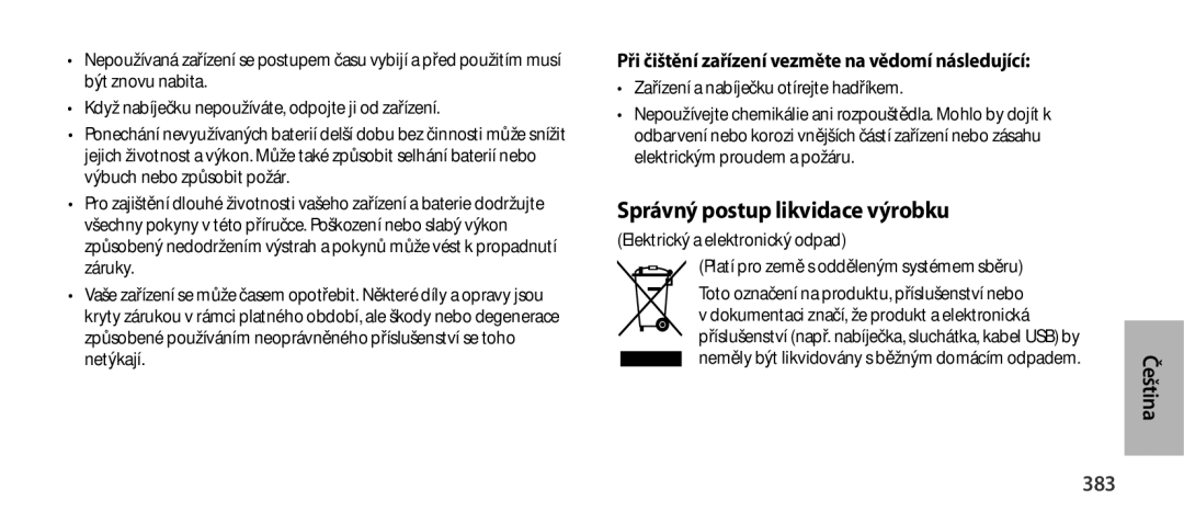 Samsung EO-SG900DREDWW manual Správný postup likvidace výrobku, 383, Při čištění zařízení vezměte na vědomí následující 