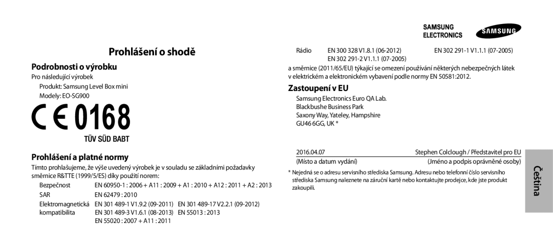 Samsung EO-SG900DREGRU manual Prohlášení o shodě, Podrobnosti o výrobku, Zastoupení v EU, Prohlášení a platné normy 