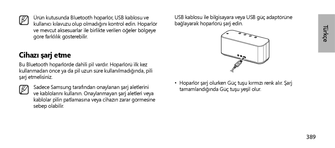 Samsung EO-SG900DBEGRU, EO-SG900DSEGWW, EO-SG900DREGWW, EO-SG900DBEGWW, EO-SG900DLEGWW, EO-SG900DSEDWW Cihazı şarj etme, 389 