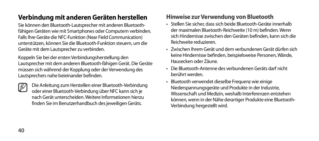 Samsung EO-SG900DREGWW, EO-SG900DSEGWW Verbindung mit anderen Geräten herstellen, Hinweise zur Verwendung von Bluetooth 