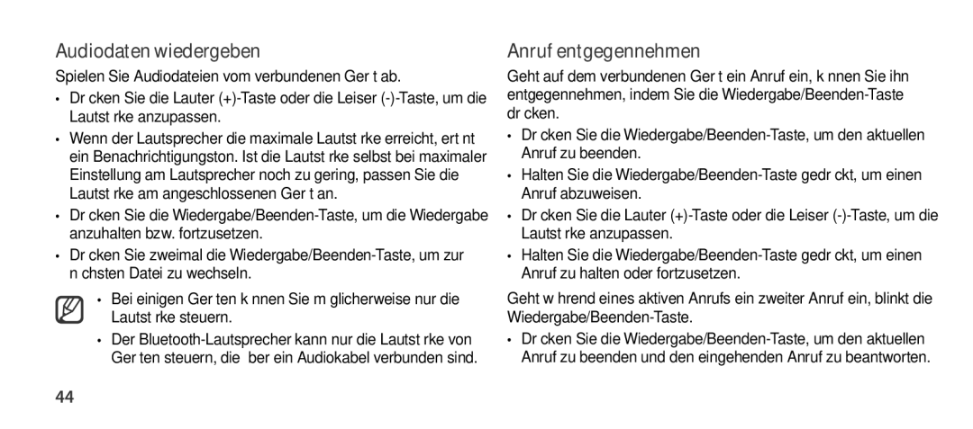 Samsung EO-SG900DSEDWW, EO-SG900DSEGWW, EO-SG900DREGWW, EO-SG900DBEGWW manual Audiodaten wiedergeben, Anruf entgegennehmen 