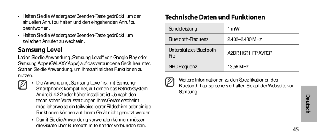 Samsung EO-SG900DREDWW manual Technische Daten und Funktionen, Sendeleistung Bluetooth-Frequenz 402-2.480 MHz, Profil 