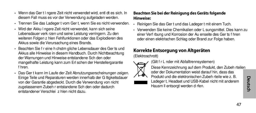 Samsung EO-SG900DLEDWW Korrekte Entsorgung von Altgeräten, Beachten Sie bei der Reinigung des Geräts folgende Hinweise 