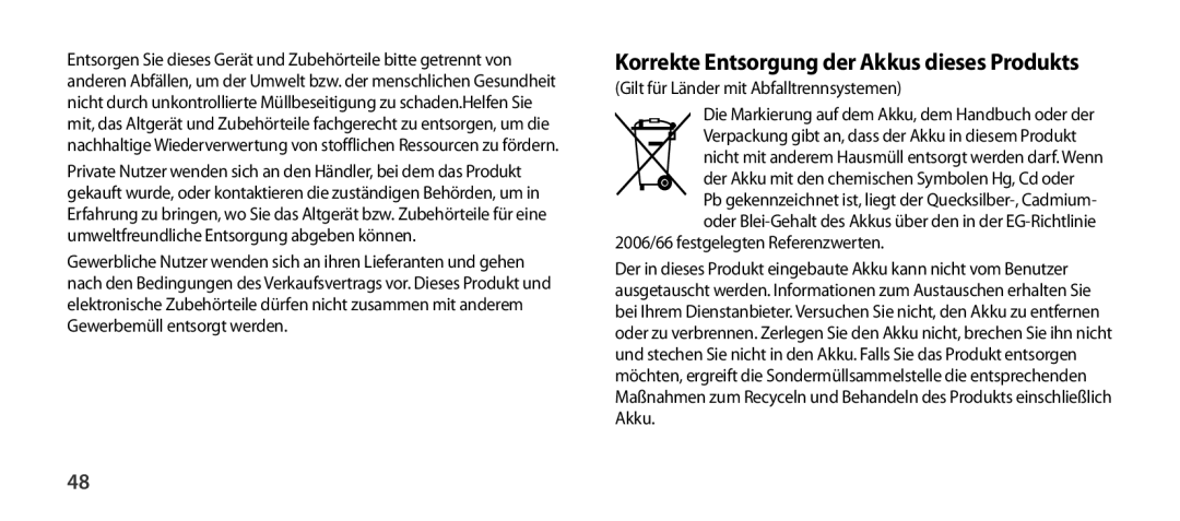 Samsung EO-SG900DLEGRU, EO-SG900DSEGWW, EO-SG900DREGWW, EO-SG900DBEGWW manual Korrekte Entsorgung der Akkus dieses Produkts 